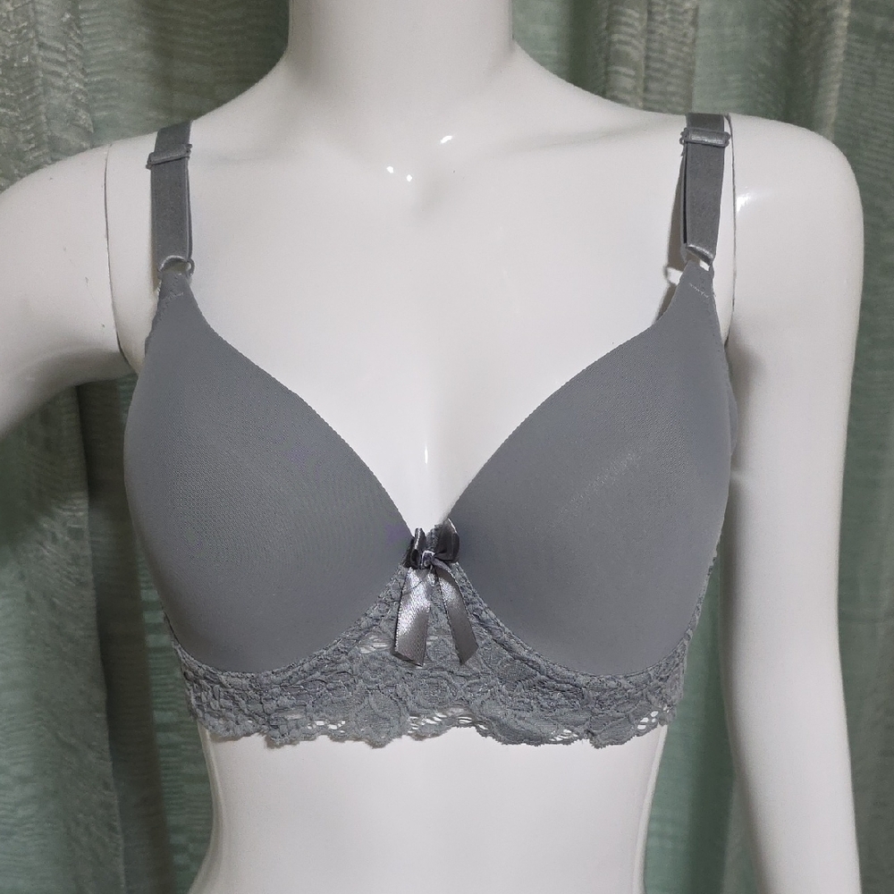 Elegant Gray Lace Trim Pushup Bra 2/20$
